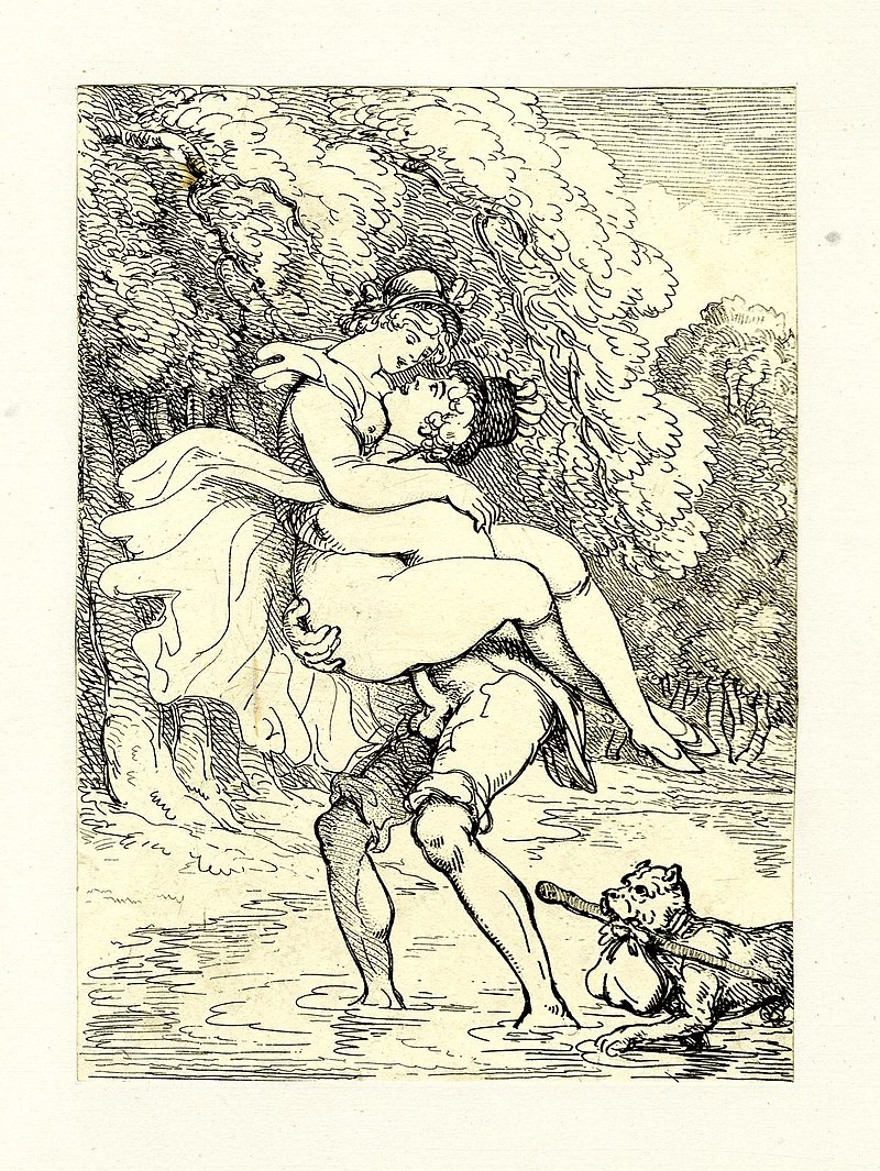 Thomas Rowlandson-162-Un giovane uomo che accoppia una giovane donna mentre la trasporta su un ruscello